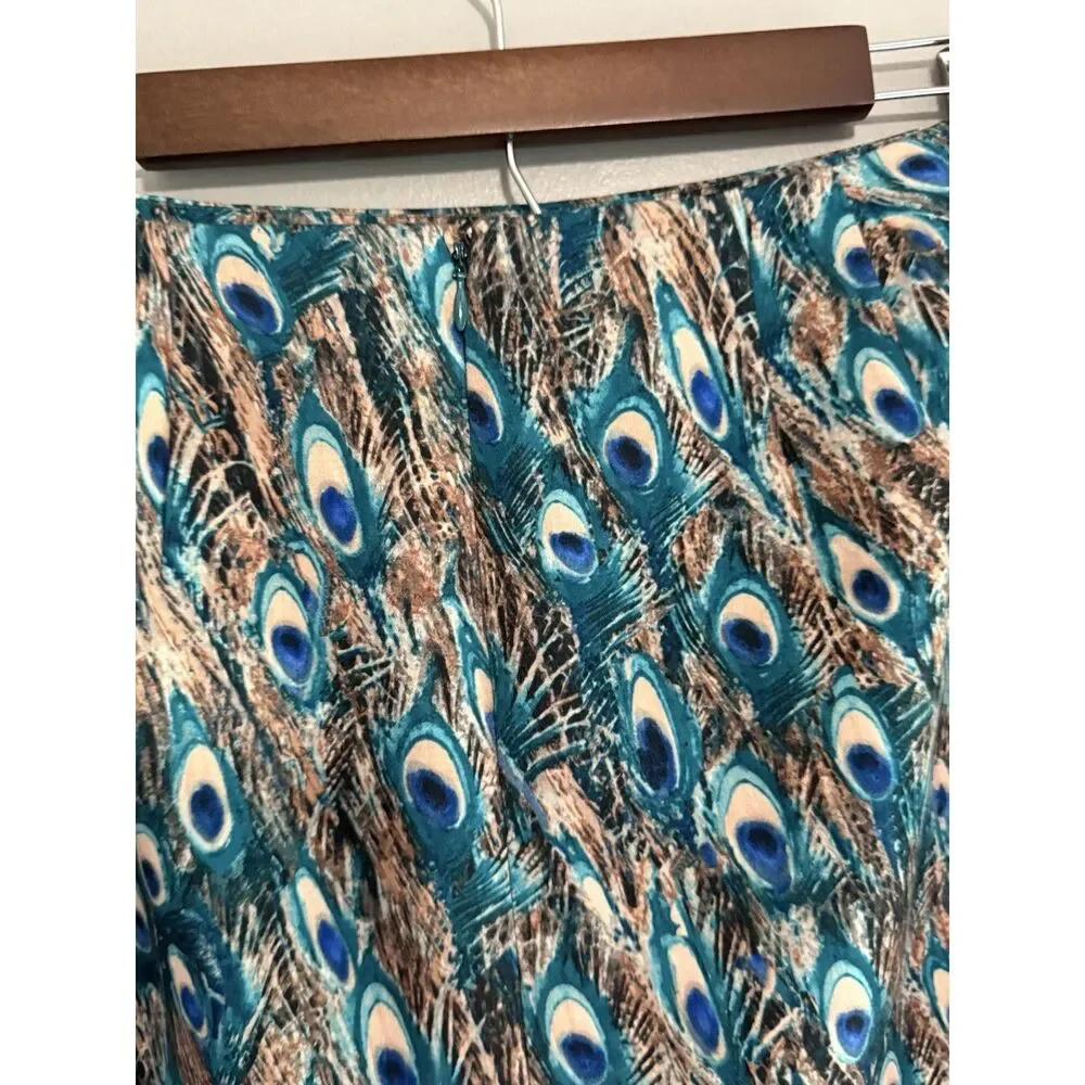 Talbots Peacock Feathers Print Pencil Skirt Stretch Knit 10 Petite Office Work
